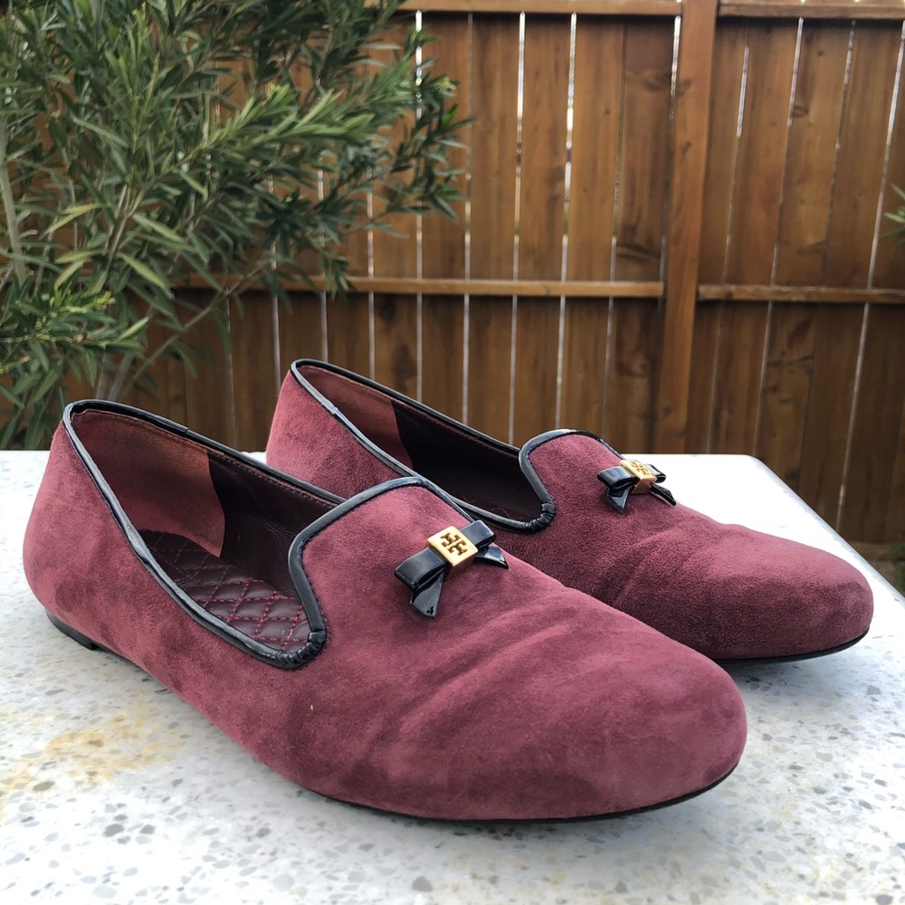 Tory Burch Burgundy Suede Flats Mini Gold Logo 10